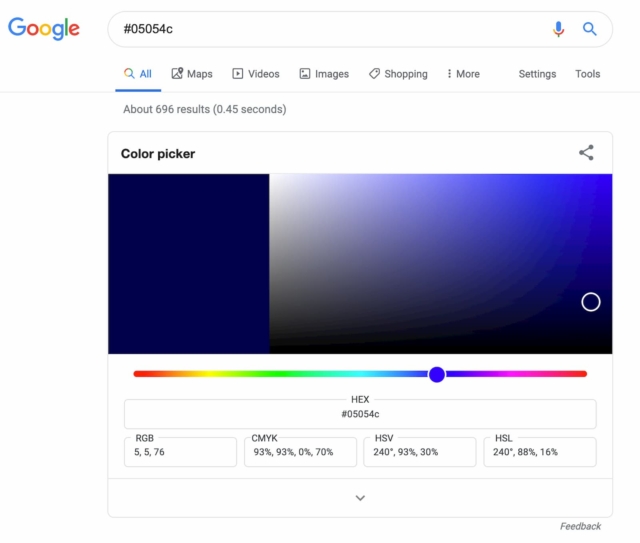 Google's Color Picker is the fastest way to lookup and edit digital colors.